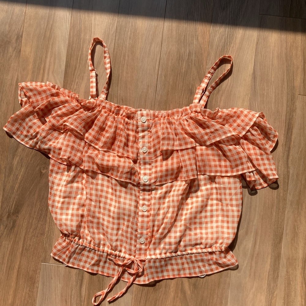 LC Lauren Conrad check print ruffle detail boho top L - Picture 5 of 17